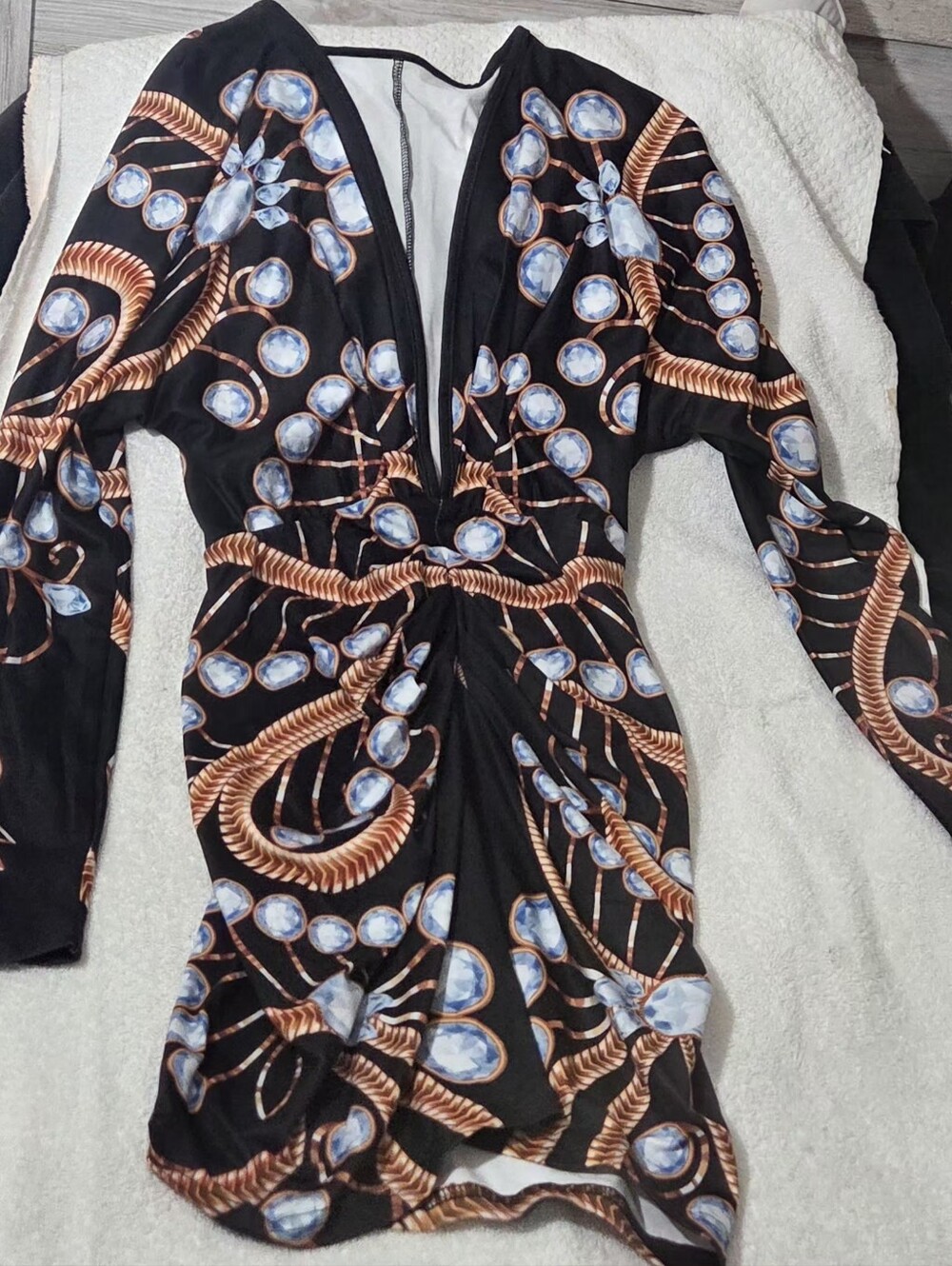 SHEIN Black Long-Sleeve Jewel & Rope Print Wrap Dress